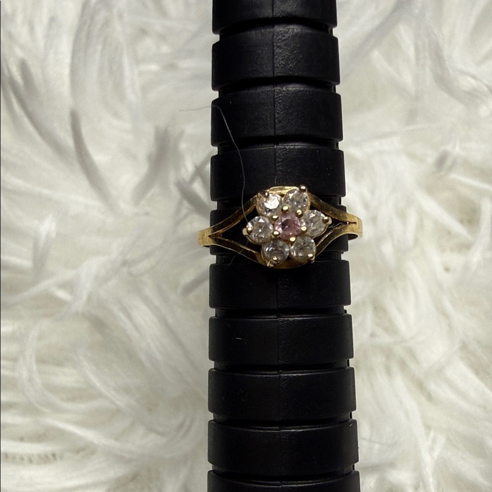 Gold Floral Cluster Ring with Clear and Pink Stones